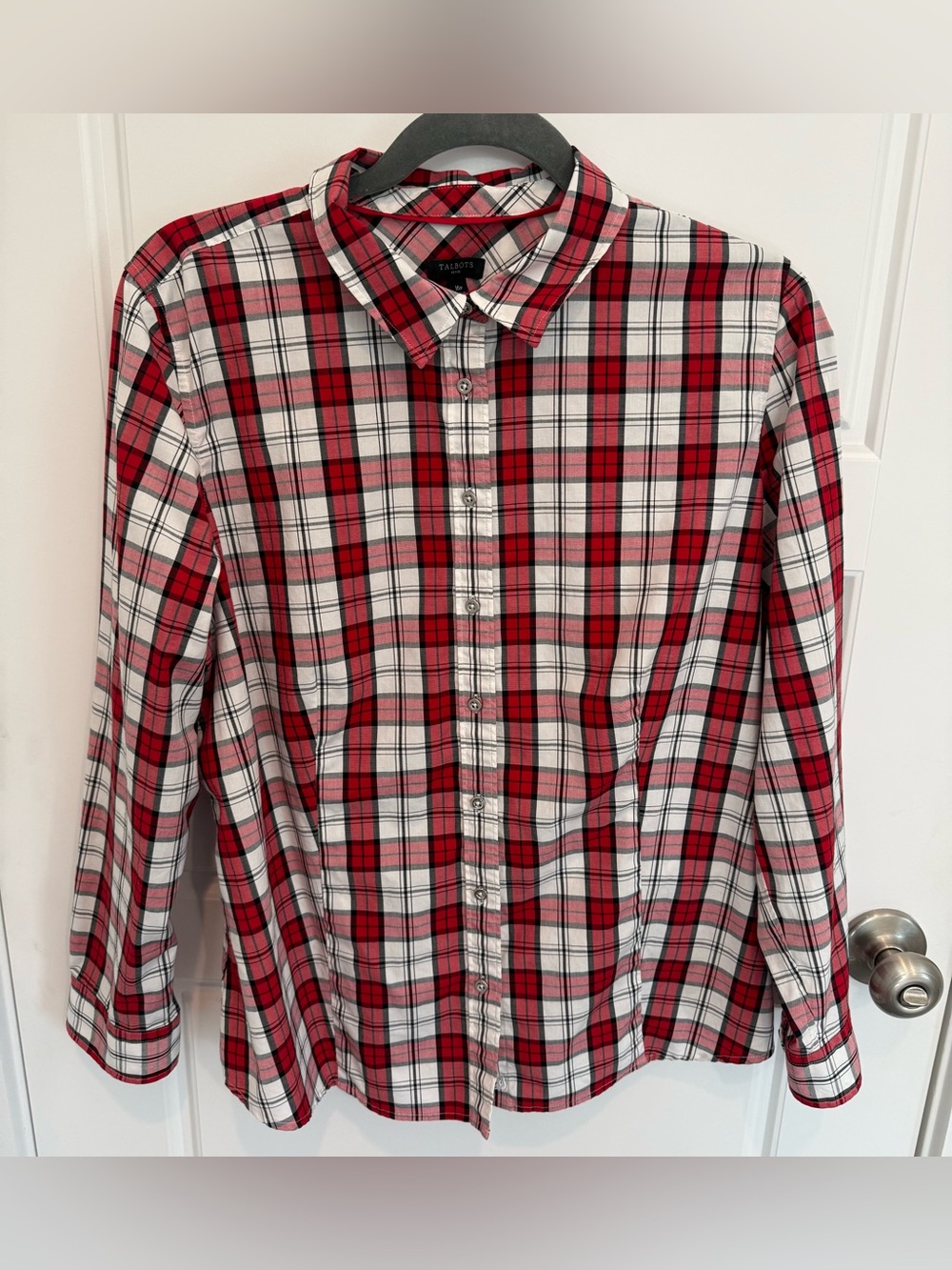 Talbots Women's Button Down Shirt Size 16P Cotton Stretchy Plaid Red Long Sleeve